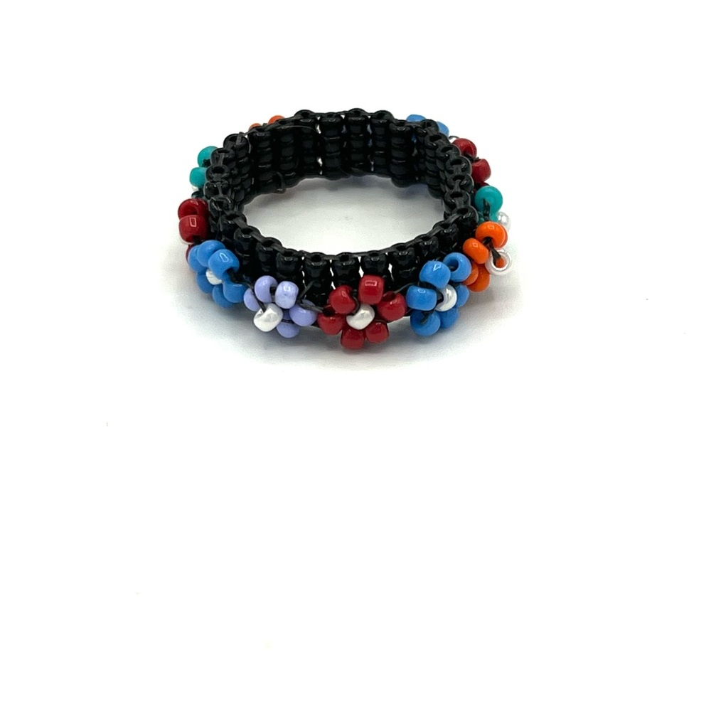 HAND CRAFTED Black Beaded Colorful Flowers Ring